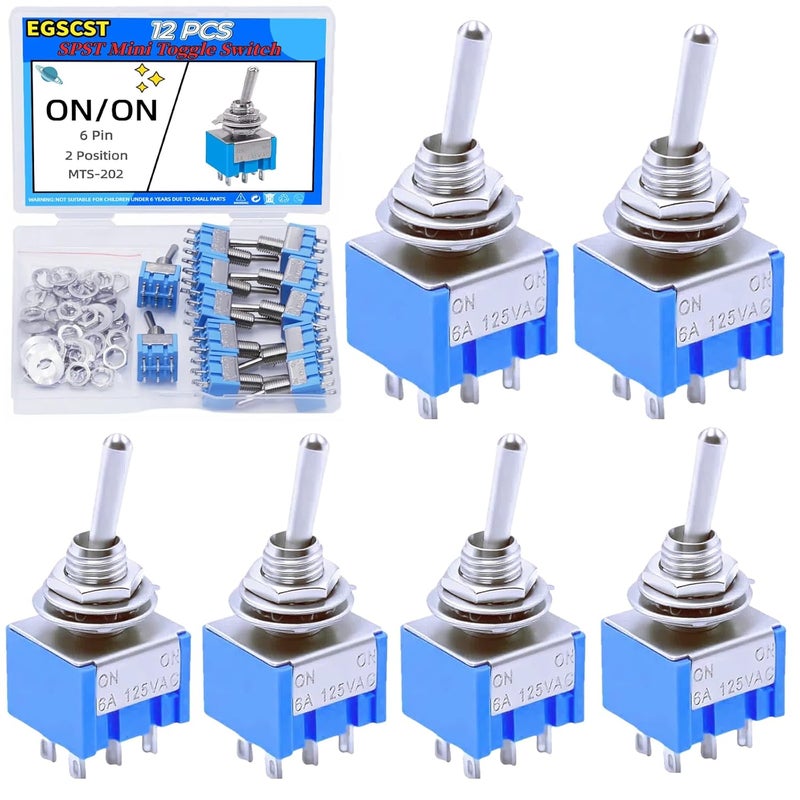 EGSCST 12PCS Mini Toggle Switch SPST 6A 125V Miniature ON/ON 6 Pin 2 Position Micro Rocker Switches 6 Amp 125 Volt MTS-202 - Image 1